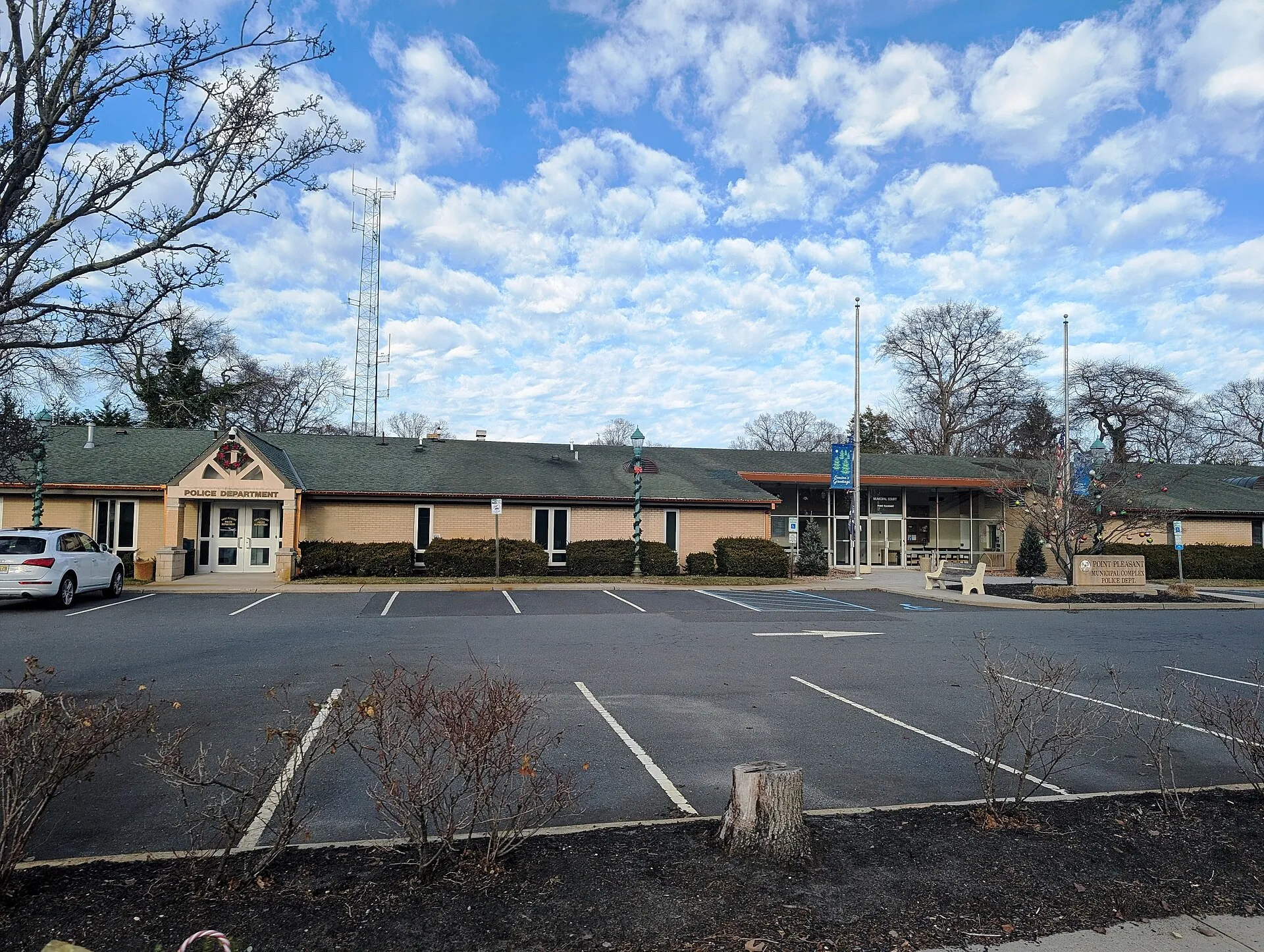 Photo of the Point Pleasant, New Jersey Municipal Complex and Police Department. Photo taken from County Route 632 (Bridge Avenue) looking north-northeast