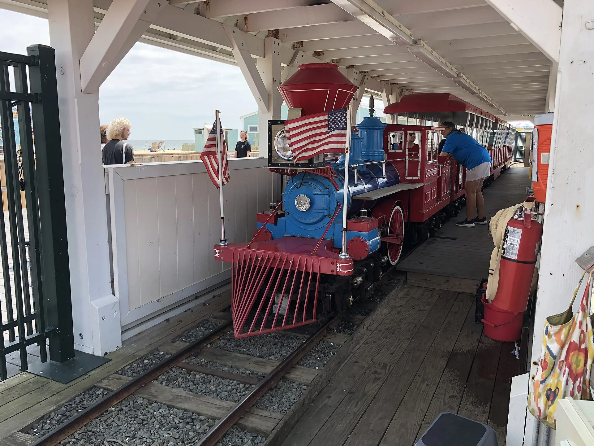 Just finished a trip not too long ago. Now the train is waiting for departure inside the train station. Model C.P. Huntington, made by Chance Rides