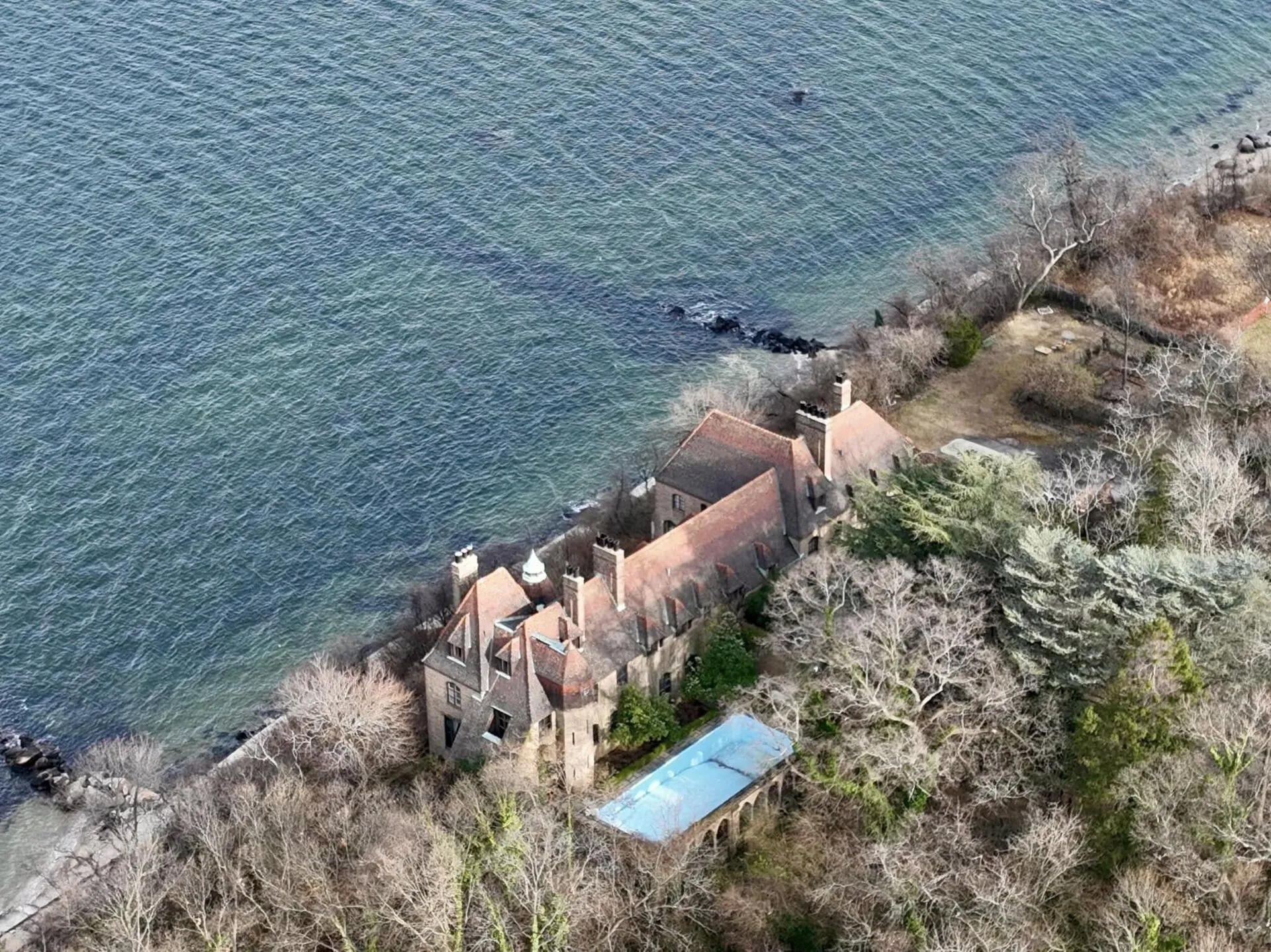 Aerial of Falaise, the Harry Guggenheim estate, in Sands Point