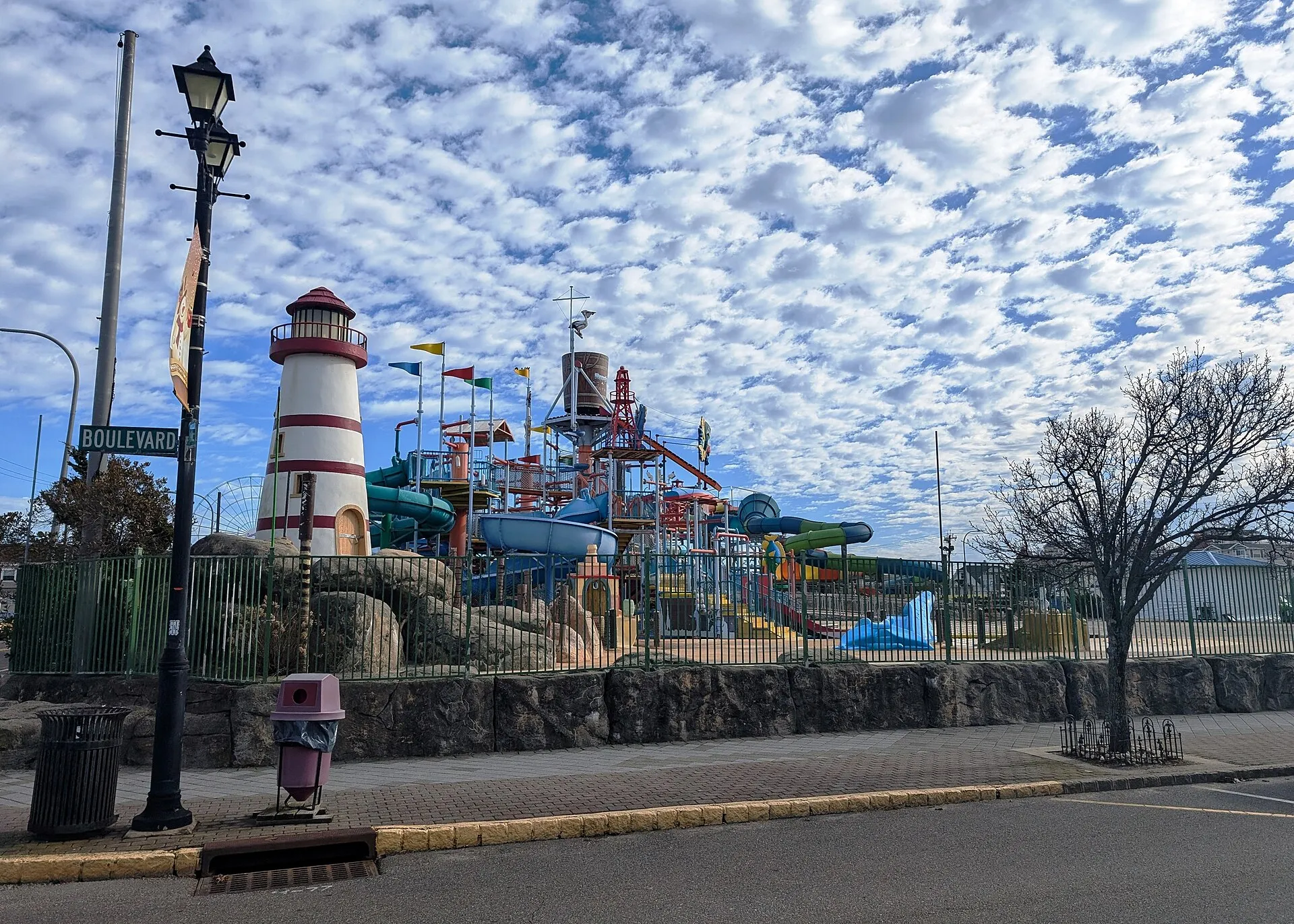 Photo of Breakwater Beach, a water park part of the Casino Pier complex, in Seaside Heights, New Jersey. Photo taken from County Route 51 (Boulevard) looking east-southeast