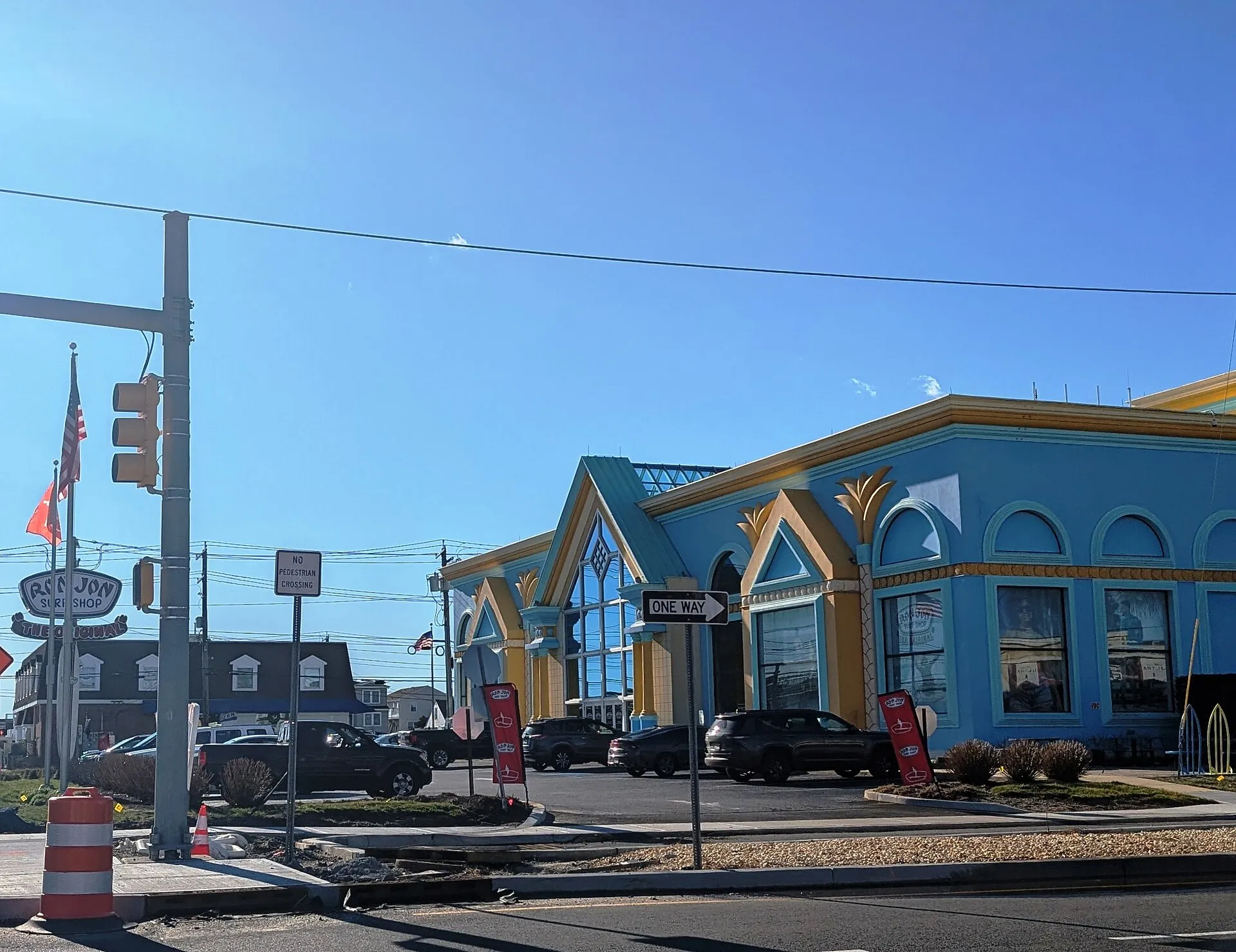 Photo of the original Ron Jon Surf Shop in Ship Bottom, New Jersey. Photo taken from the intersection of County Route 89 (South Central Avenue) and New Jersey Route 72 west (West 8th Street) looking west-southwest