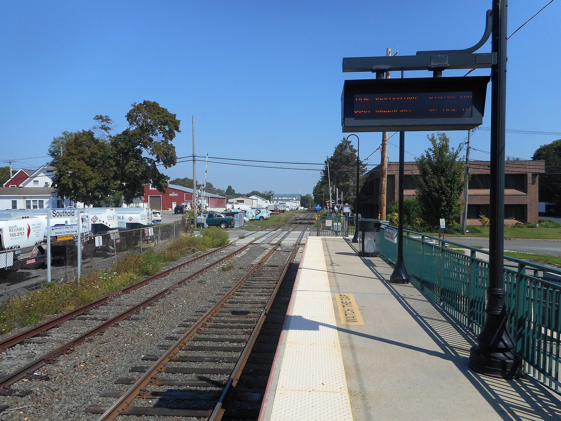 Eastbound view of the Main Line of the Long Island Rail Road from the platform of the Southold LIRR station in the hamlet of Southold,