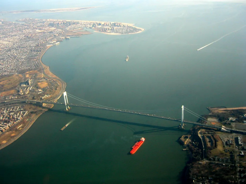 Verrazano-Narrows Bridge and Coney Island, New York, aerial view, 2003
