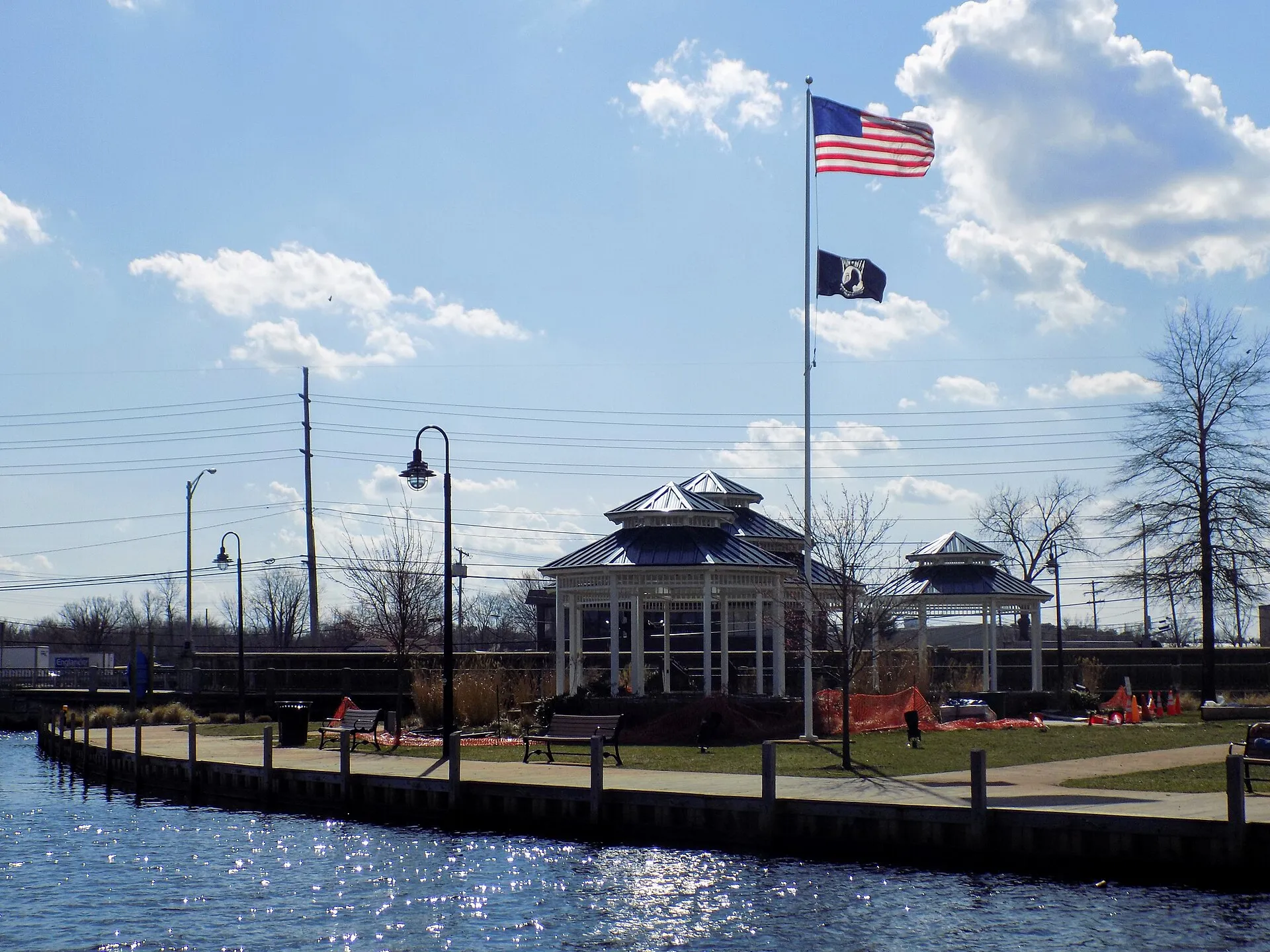 Huddy Park gazebo (undergoing maintenance) and sidewalk along the Toms River
