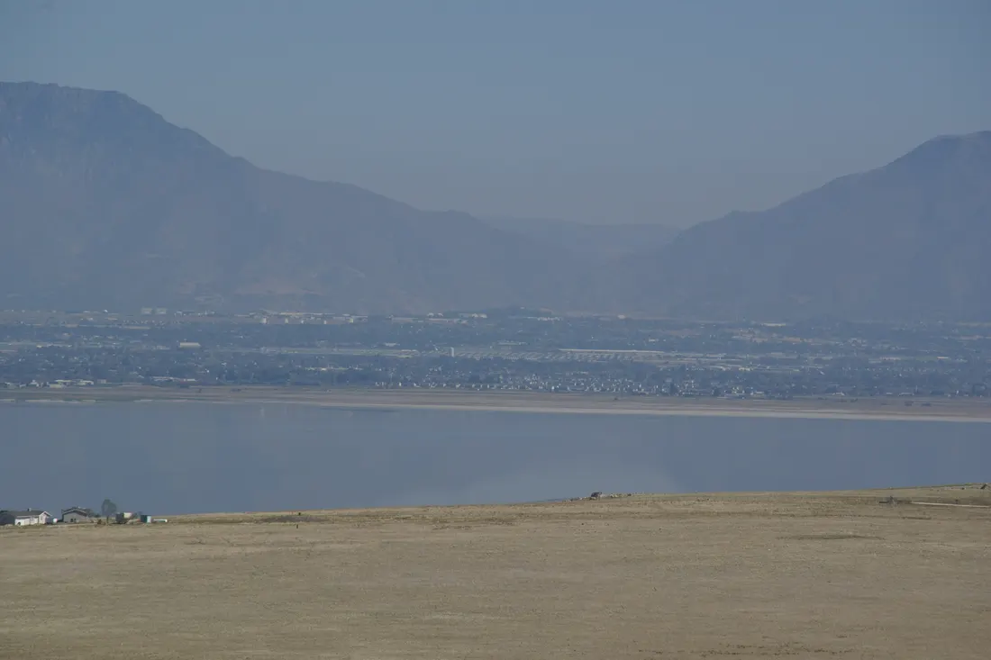View towards Clearfield City from Antelope Isalnd, Great Salt Lake, Utah, USA