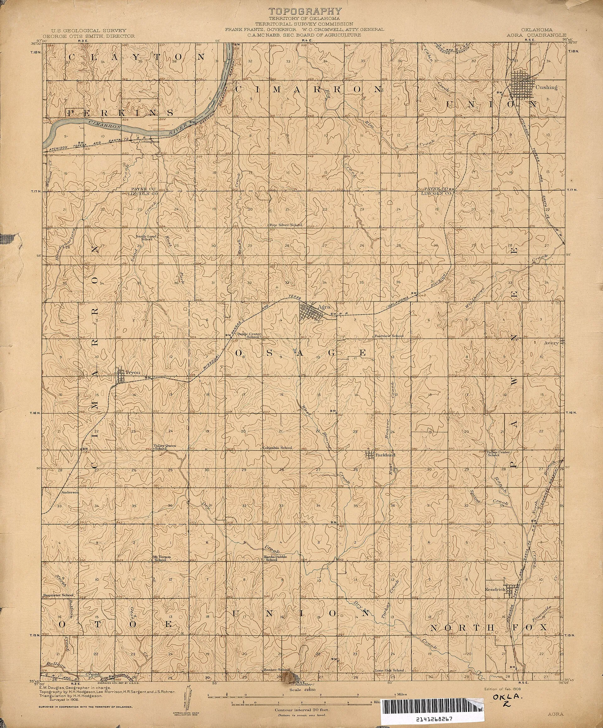 1906 USGS 1:62,500 topographic map of the Agra, Oklahoma area (Perry–Castañeda Map Collection).