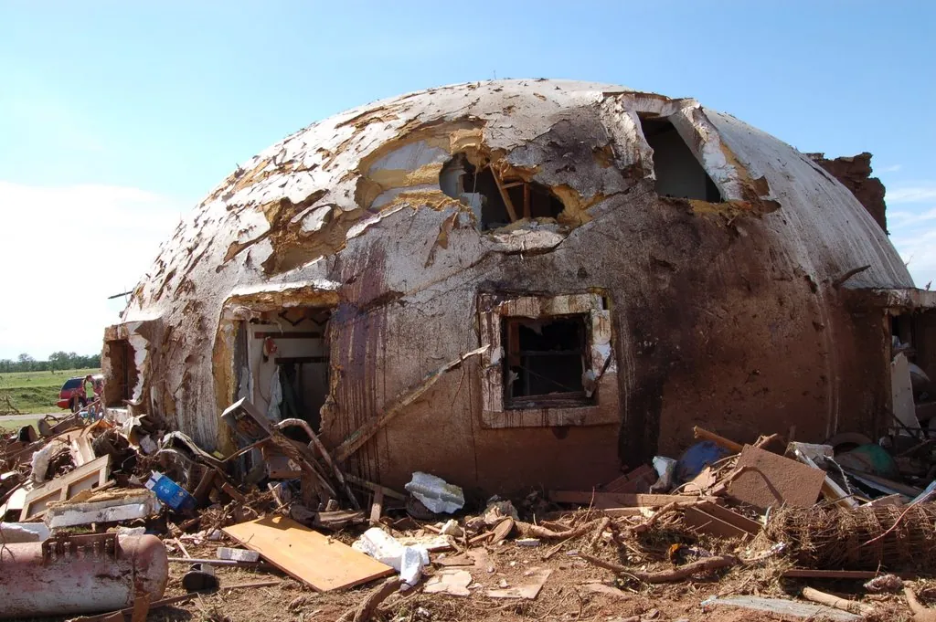 A reinforced concrete monolithic dome in Blanchard severely damaged by the EF4 Chickasha–Blanchard–Newcastle tornado (National Weather Service photo, 2011).