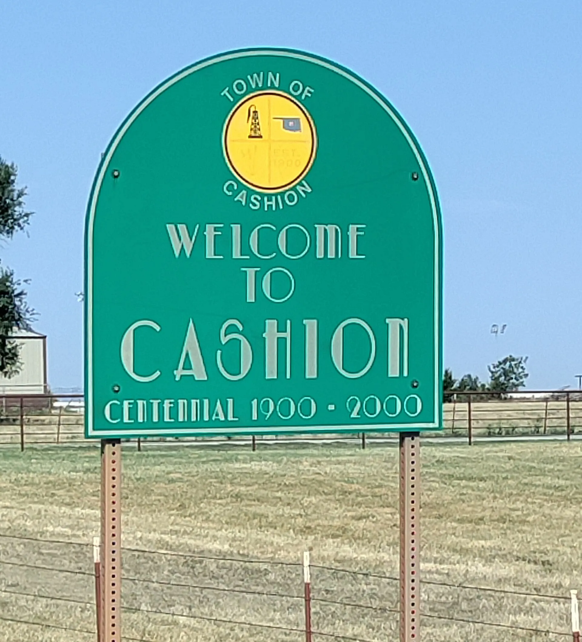 Welcome to Cashion, Oklahoma — town welcome sign (September 2022).