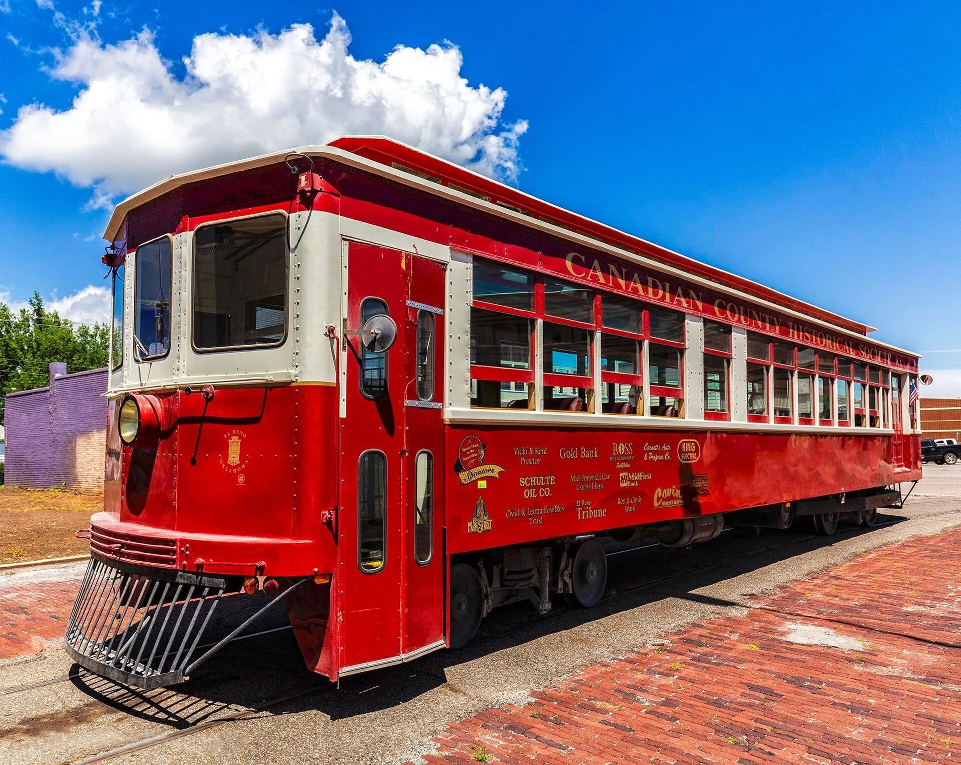 El Reno's Heritage Express Trolley, a 1924 Brill streetcar, in front of the carbarn on W. Wade Street (2018).