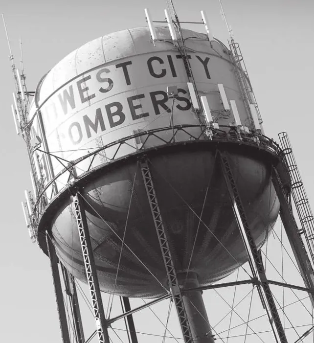 The Midwest City water tower painted with the Midwest City High School 'Bombers'.