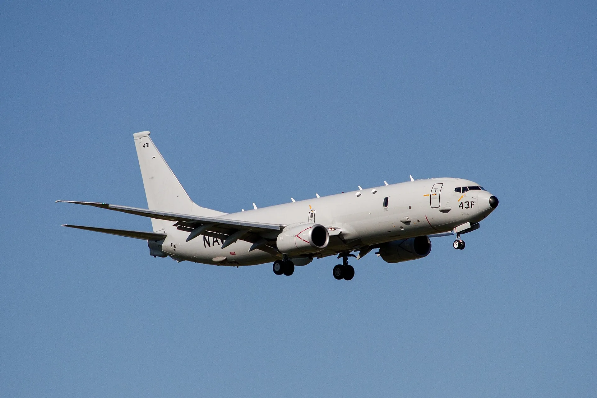 A U.S. Navy P-8 Poseidon on approach at Tinker Air Force Base, adjacent to Midwest City, Oklahoma.