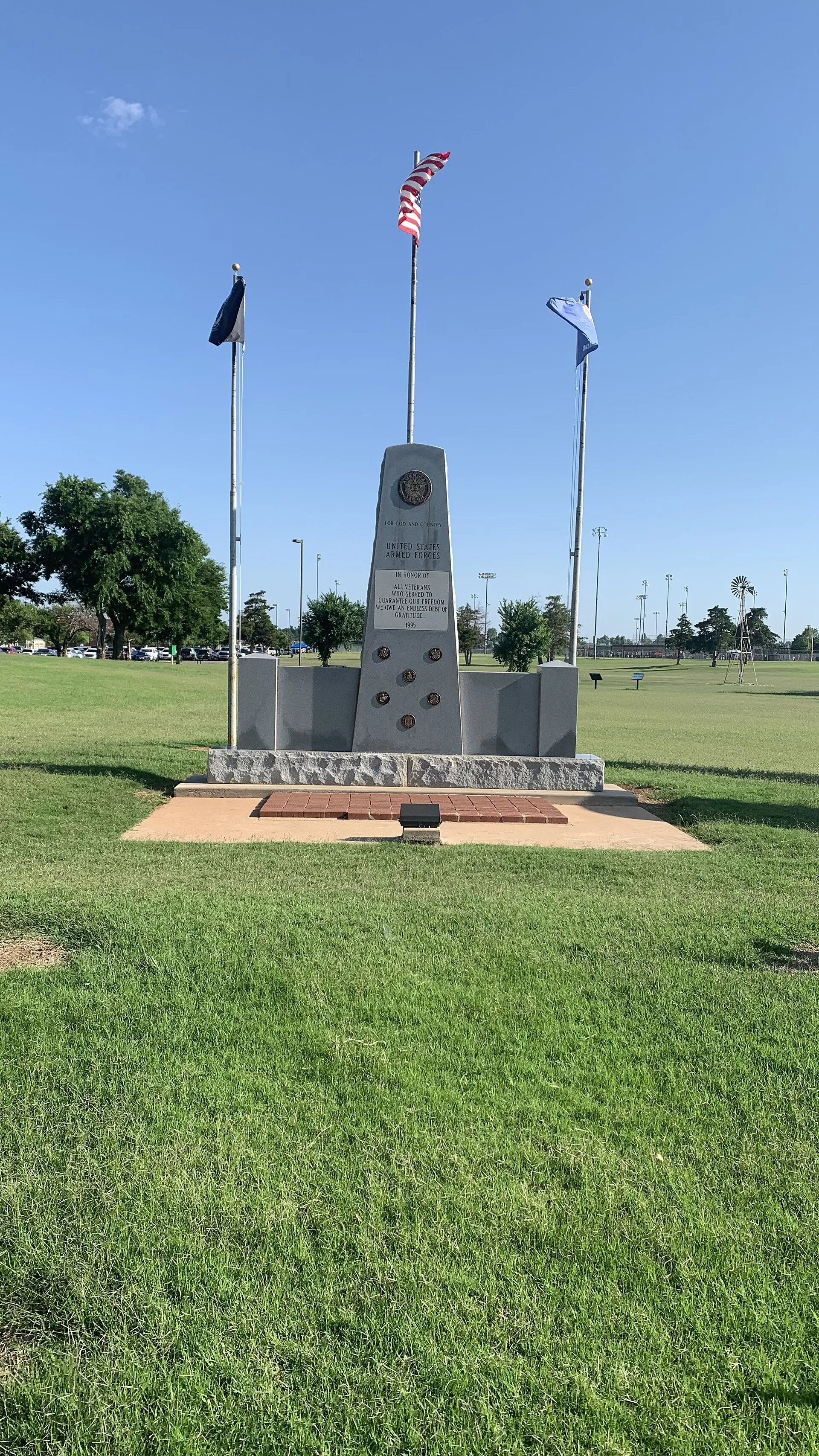 The U.S. Armed Forces veterans memorial (1995) in Wild Horse Park, Mustang.