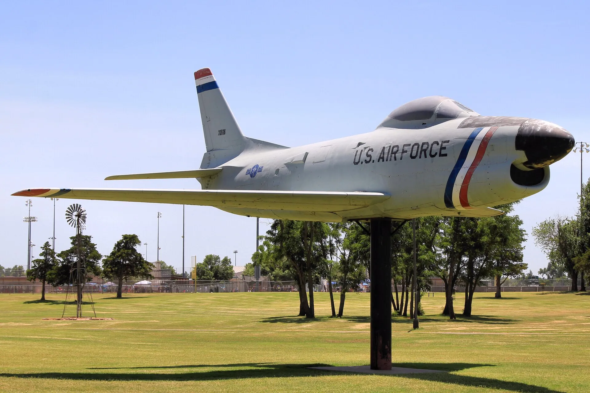 An F-86L Sabre jet on display at the veterans memorial in Wild Horse Park.