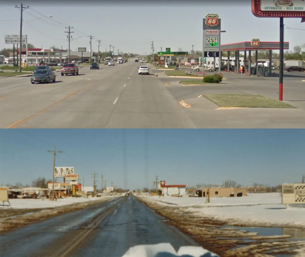 Main Street / Highway 62 in Newcastle, Oklahoma, before and after expansion to four lanes.