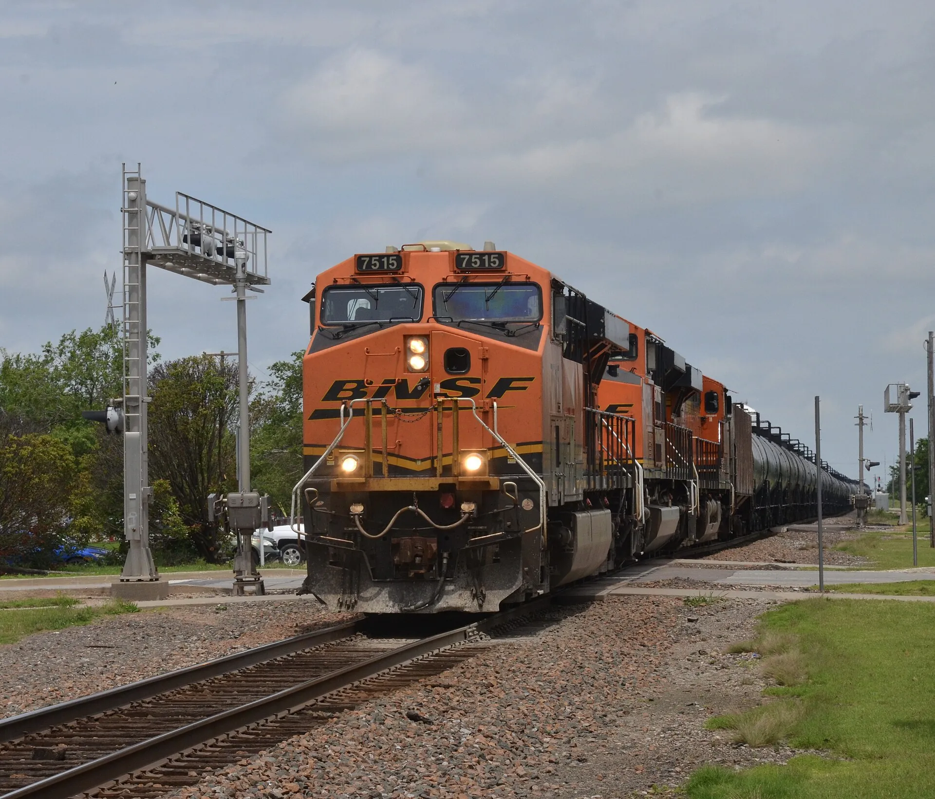 A southbound BNSF freight train coming into historic downtown Norman.