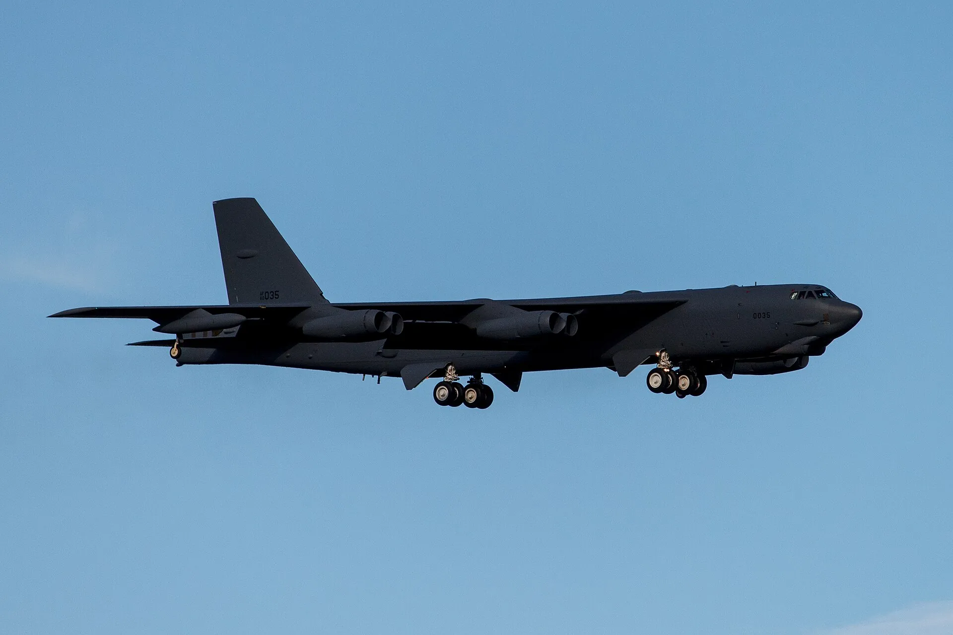 A B-52 Stratofortress on approach at Tinker Air Force Base, near Spencer, Oklahoma.