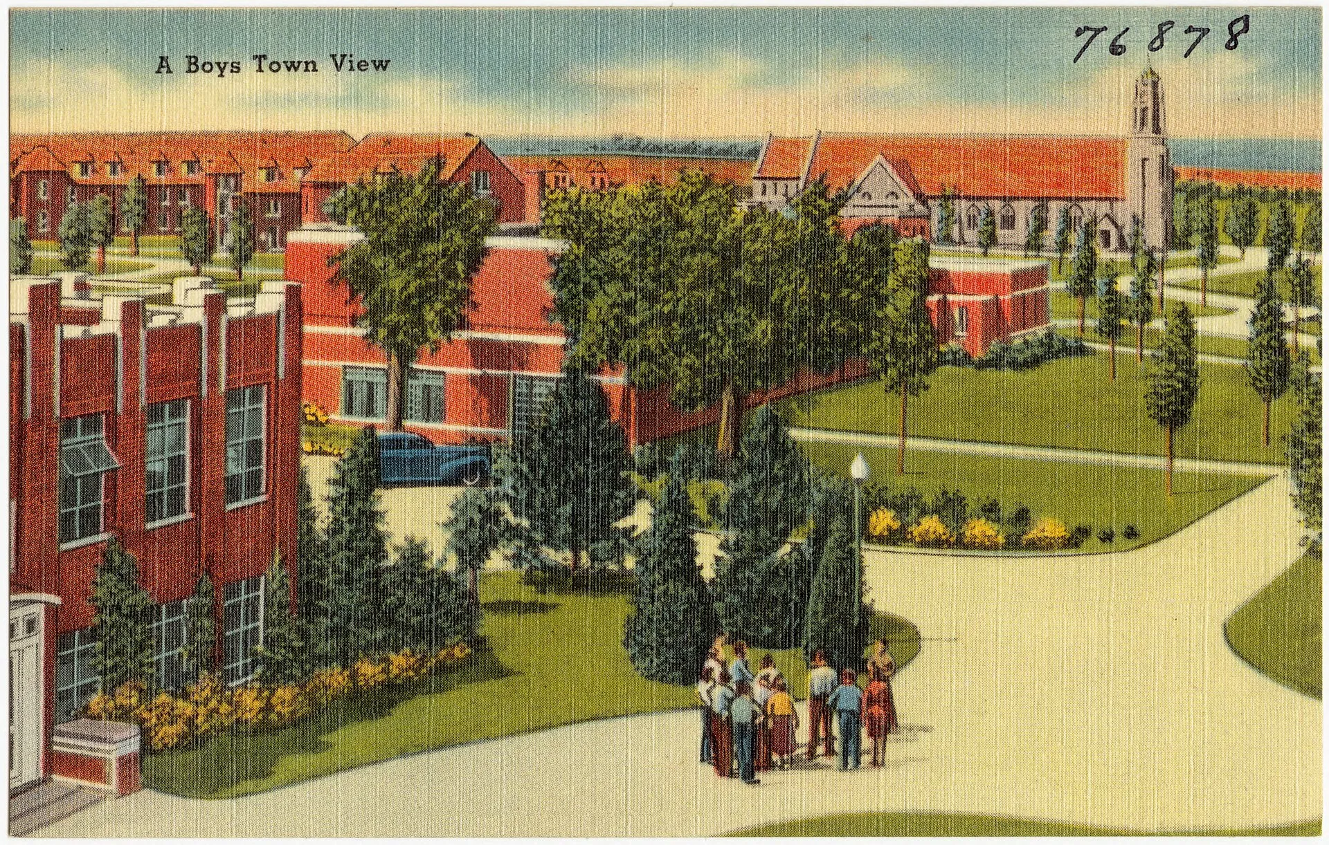 Title: A Boys Town view Subjects: Cities & towns Places: Nebraska > Douglas (county) > Boys Town Notes: Title from item. Extent: 1 print (postcard) : linen texture, color ; 3 1/2 x 5 1/2 in.