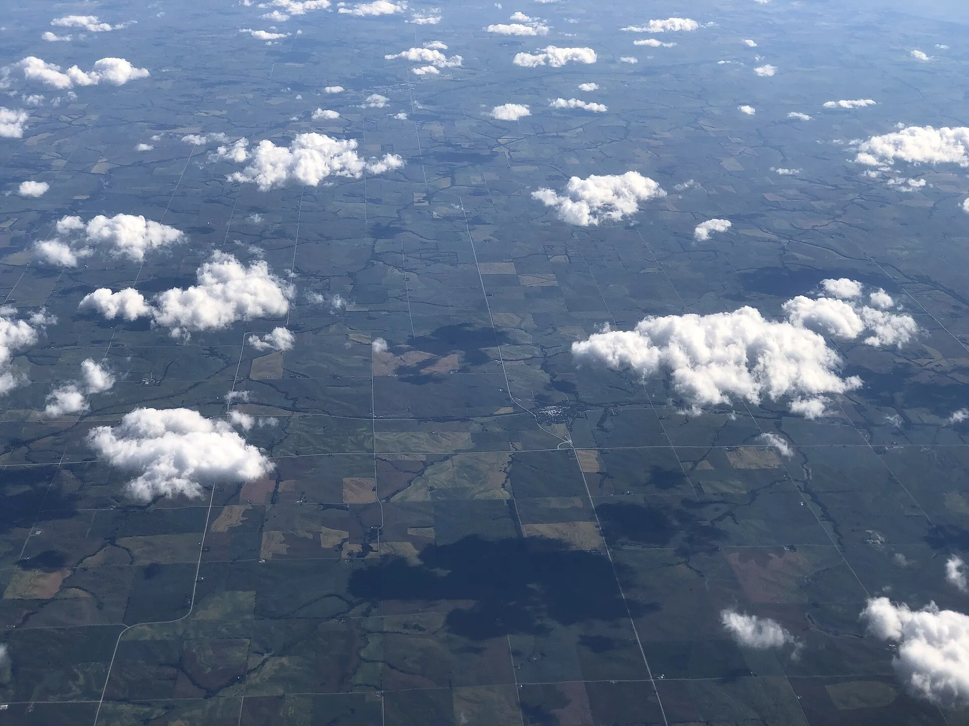 Aerial view of eastern Mills County, Iowa, centered on the city of Emerson