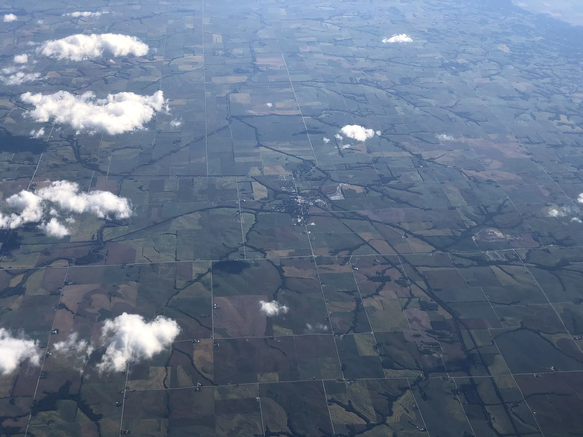 Aerial view of central Mills County, Iowa, centered on the city of Malvern