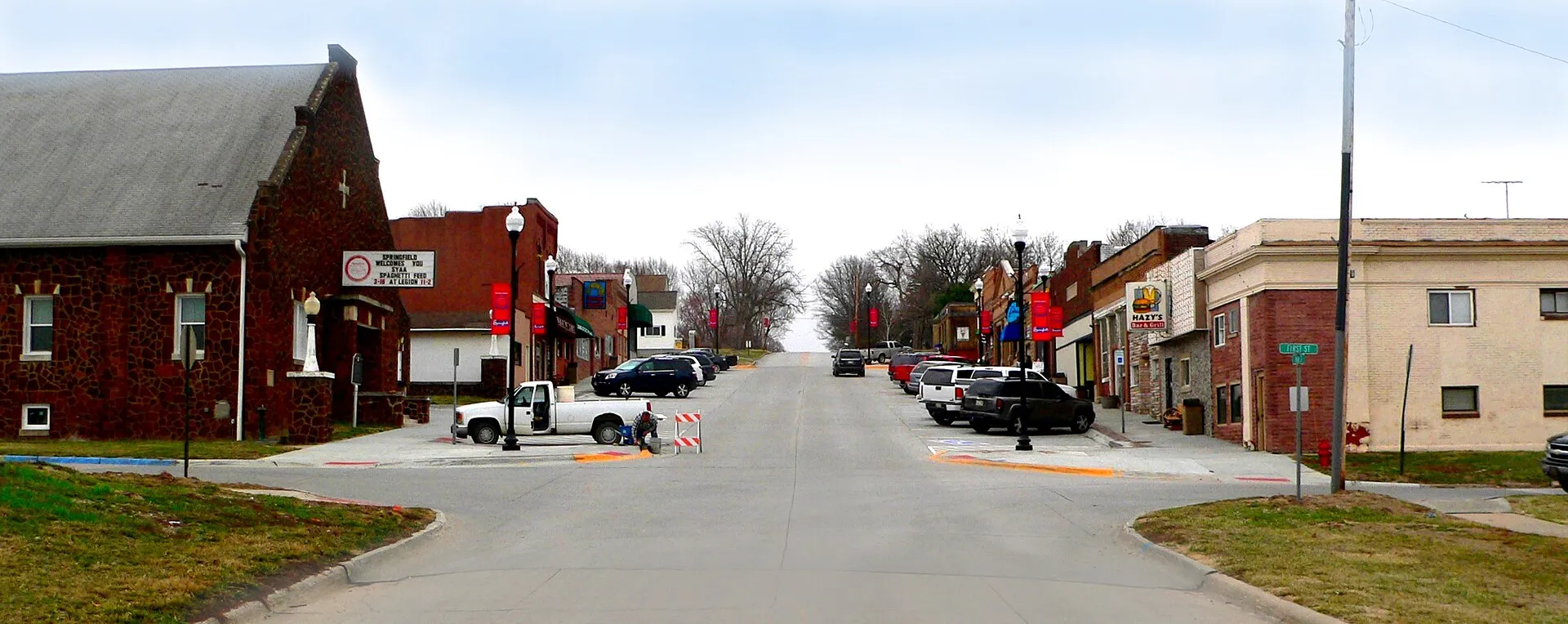Downtown Springfield, Nebraska: looking generally eastward along Main Street from about First Street.