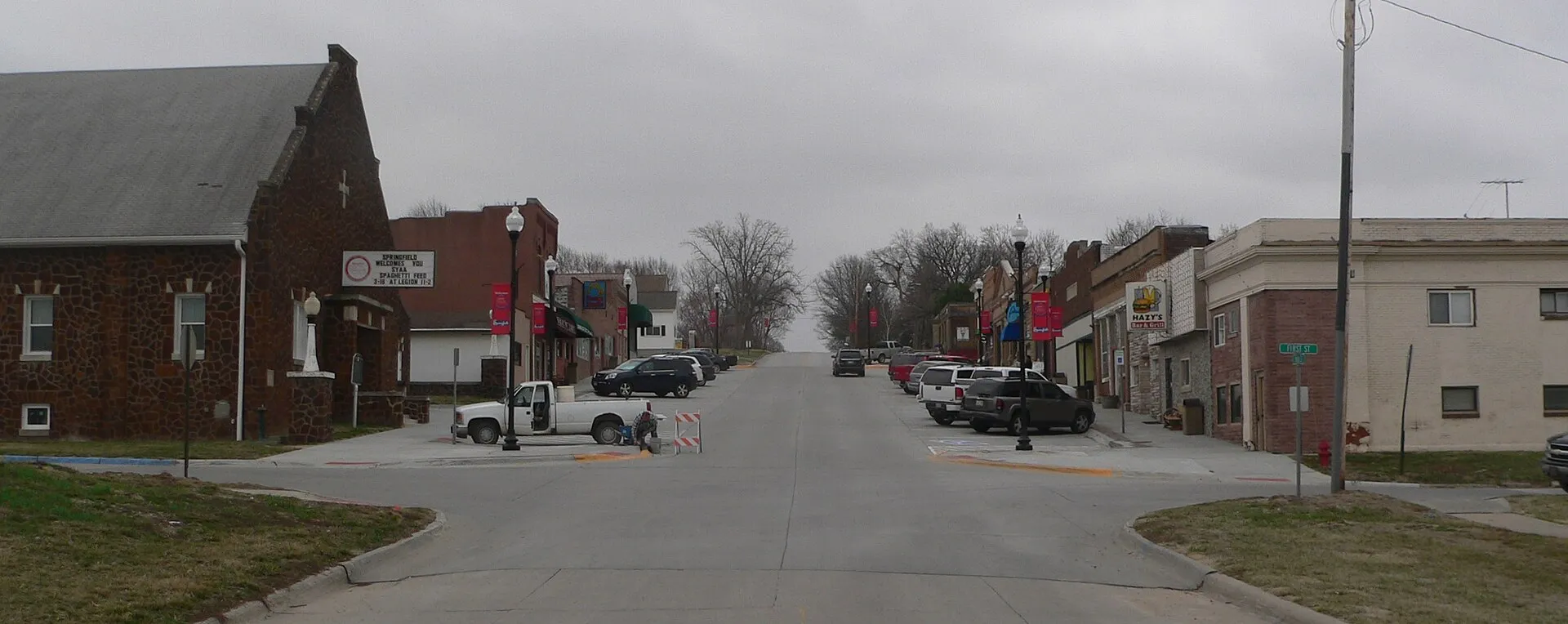 Downtown Springfield, Nebraska: looking generally eastward along Main Street from about First Street.