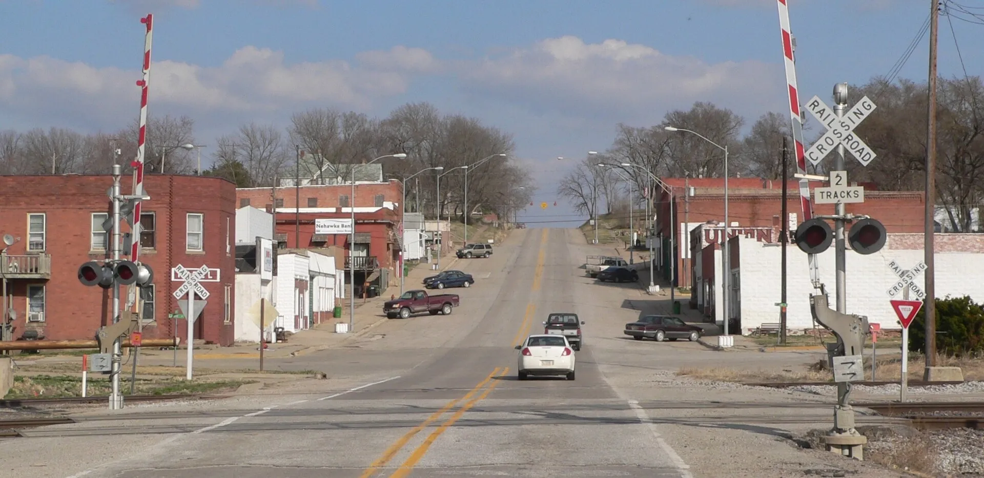 Downtown Union, Nebraska: Main Street (U.S. Highway 34), seen from the west.