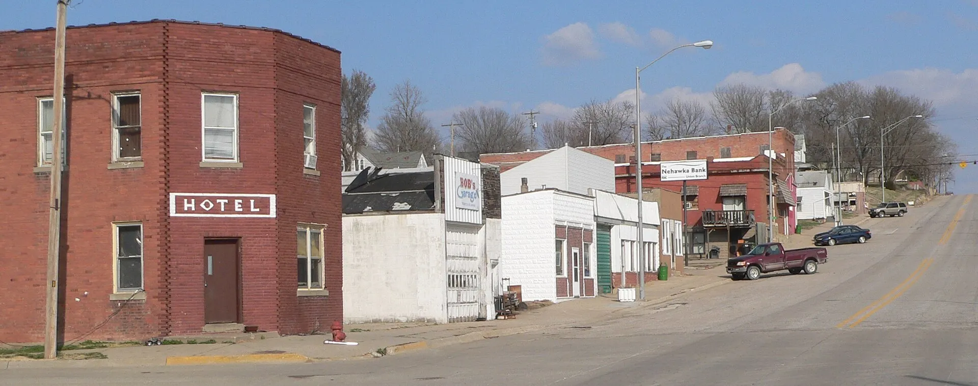 Downtown Union, Nebraska: north side of Main Street (U.S. Highway 34), seen from the west.