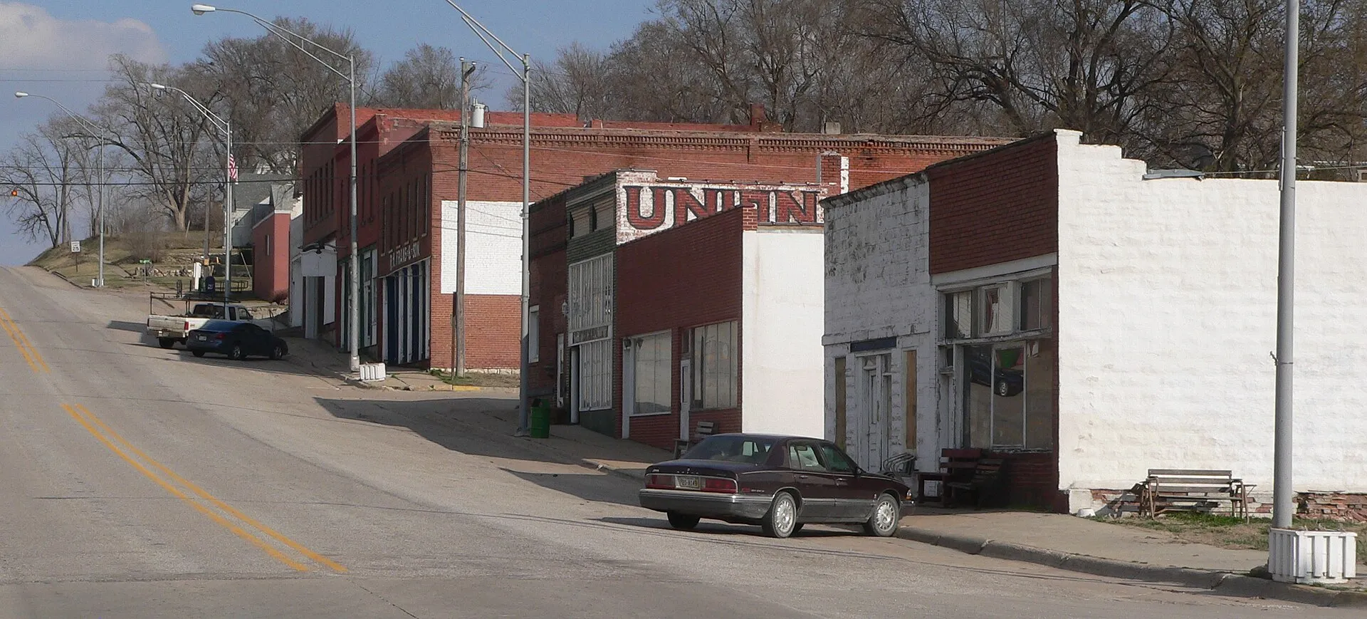 Downtown Union, Nebraska: south side of Main Street (U.S. Highway 34), seen from the west.