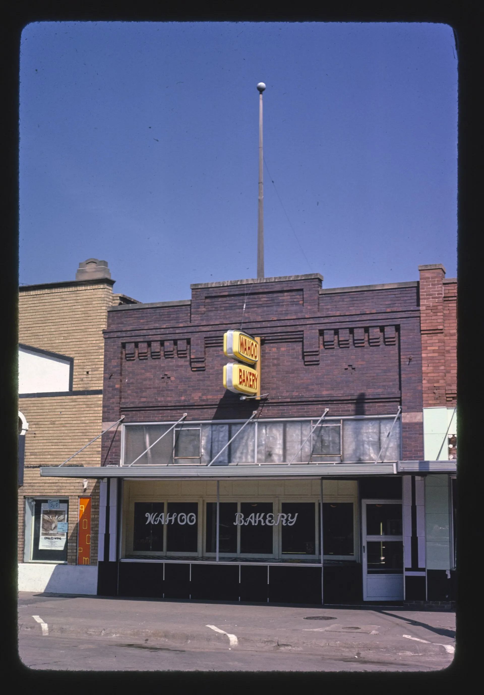 Title: Wahoo Bakery, Linden Street, Wahoo, Nebraska Physical description: 1 photograph : color transparency ; 35 mm (slide format). Notes: Title, date and keywords based on information provided by the