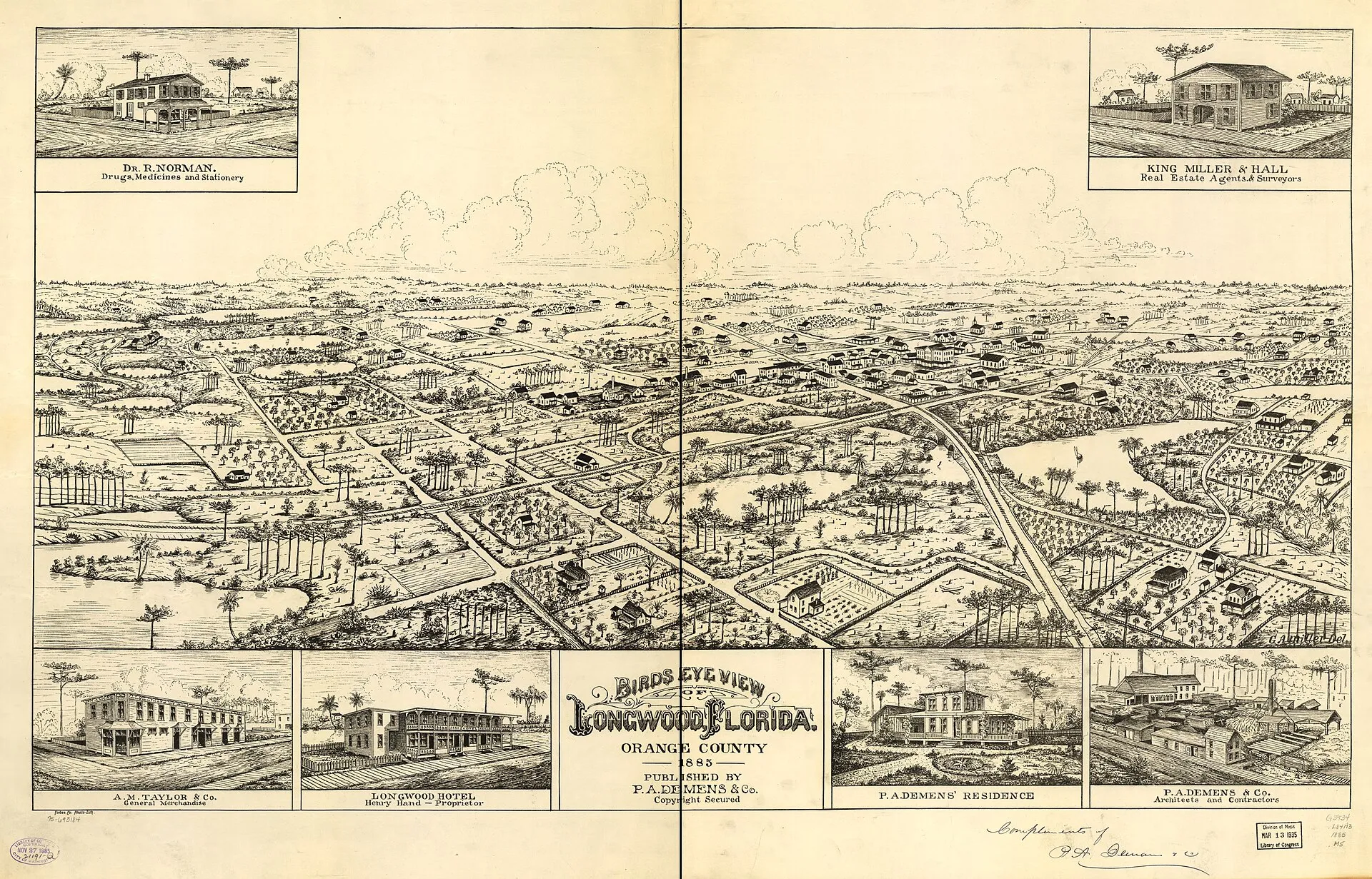 1885 bird's-eye map of Longwood, Florida