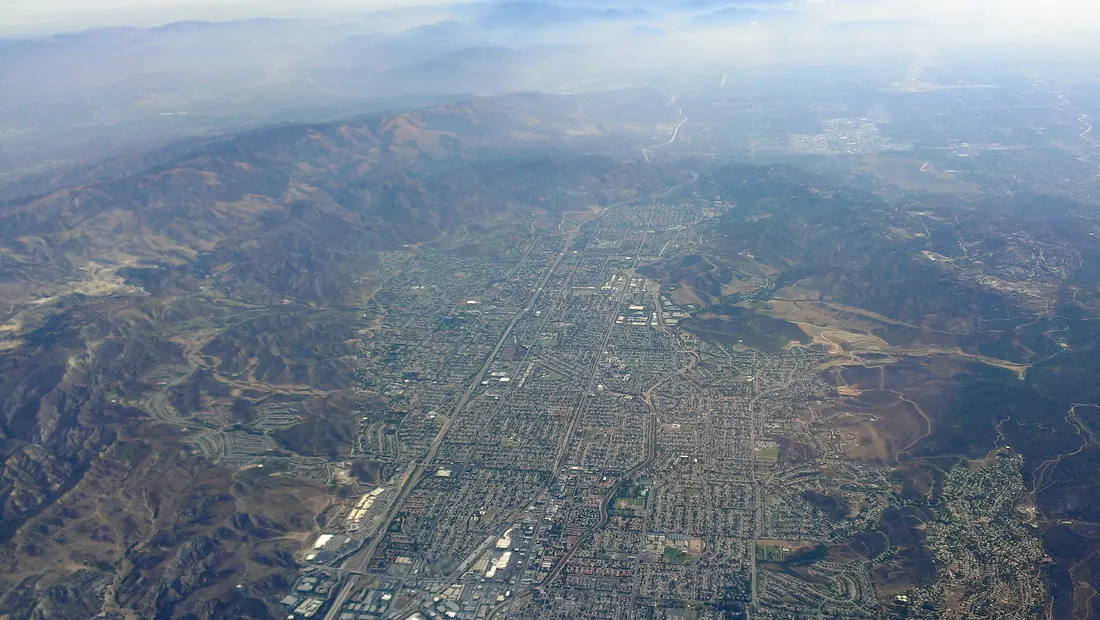 Aerial view of Simi Valley from the west with mountains, August 2014