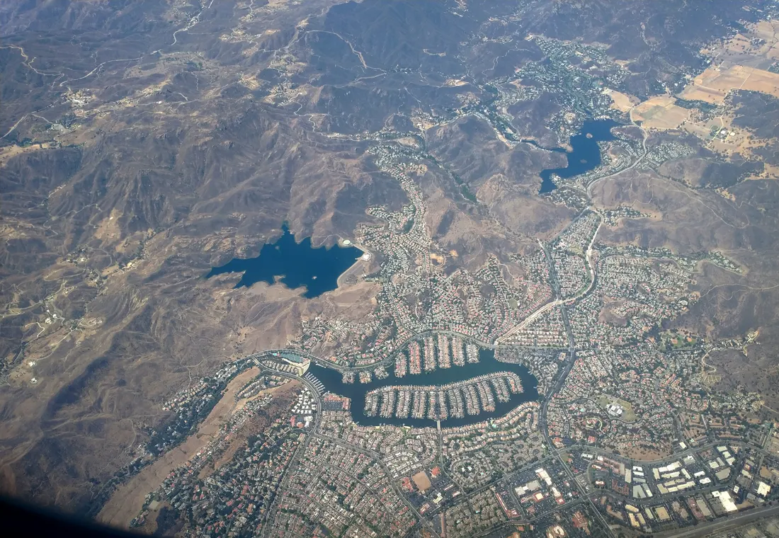 Aerial view: Westlake Lake, Las Virgenes reservoir and Lake Sherwood