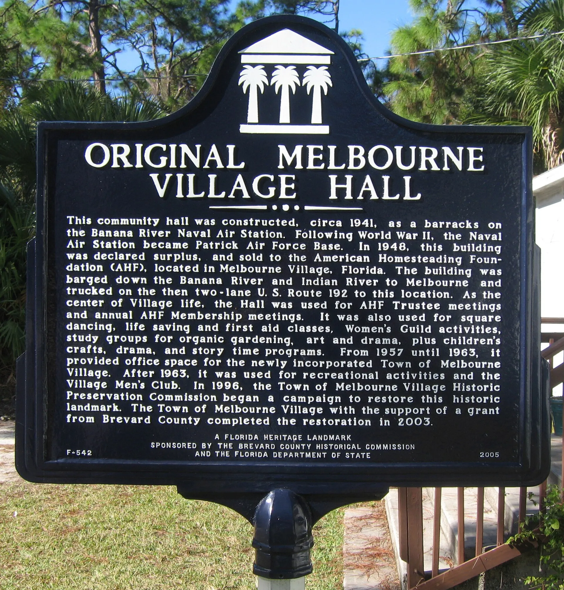 Historical marker designating the site of the Original Melbourne Village Hall, Hall Road, Melbourne Village, Florida.