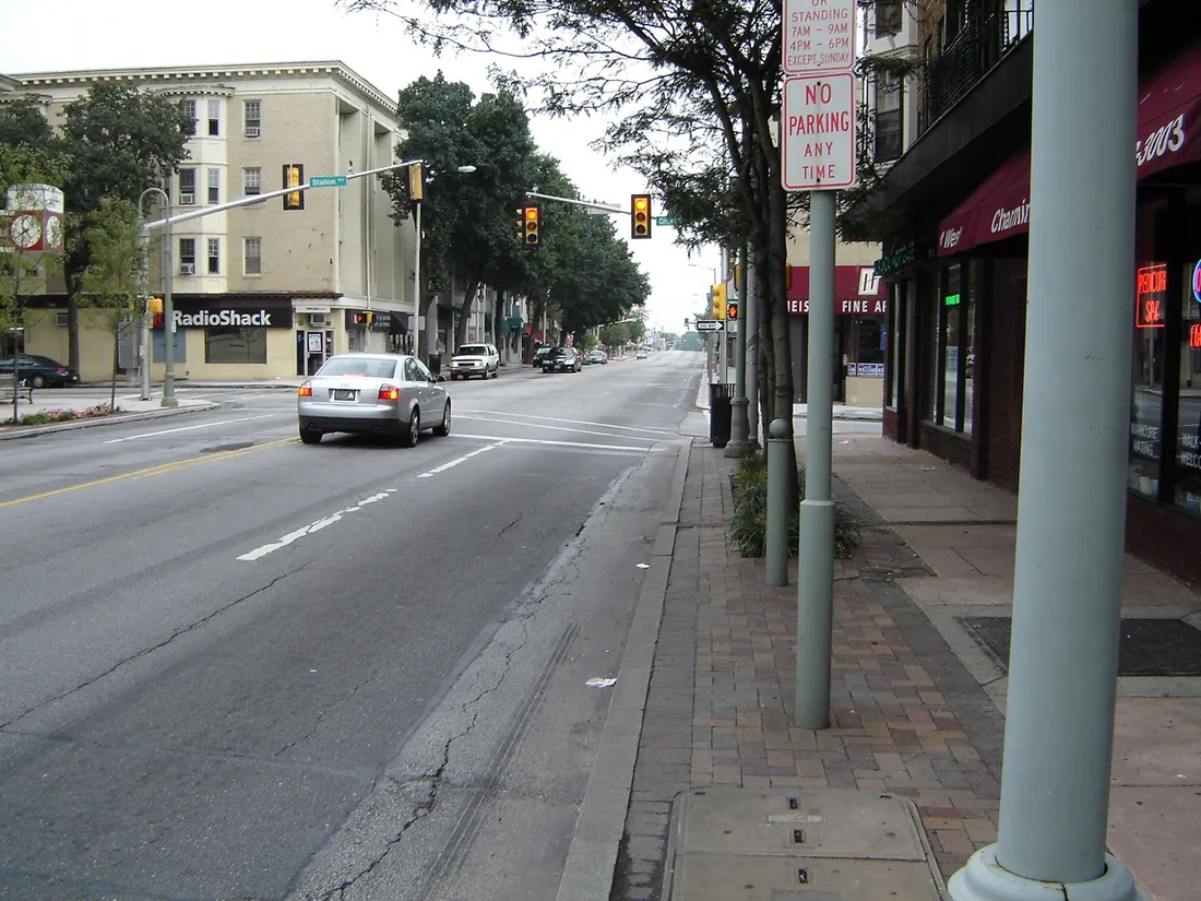 Downtown Ardmore, Pennsylvania, facing east on Lancaster Avenue/U.S. Route 30.