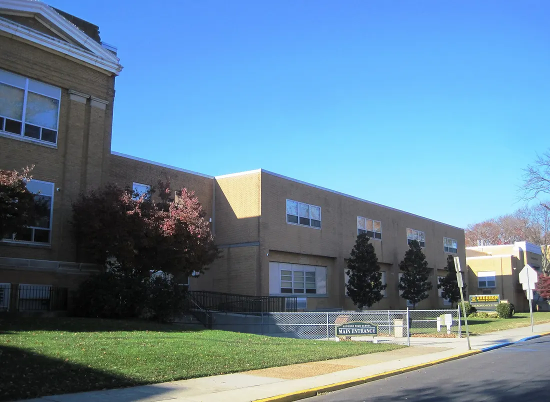 Photo of the main entrance to Audubon High School in Audubon, New Jersey. Photo taken from Edgewood Avenue looking west-northwest.