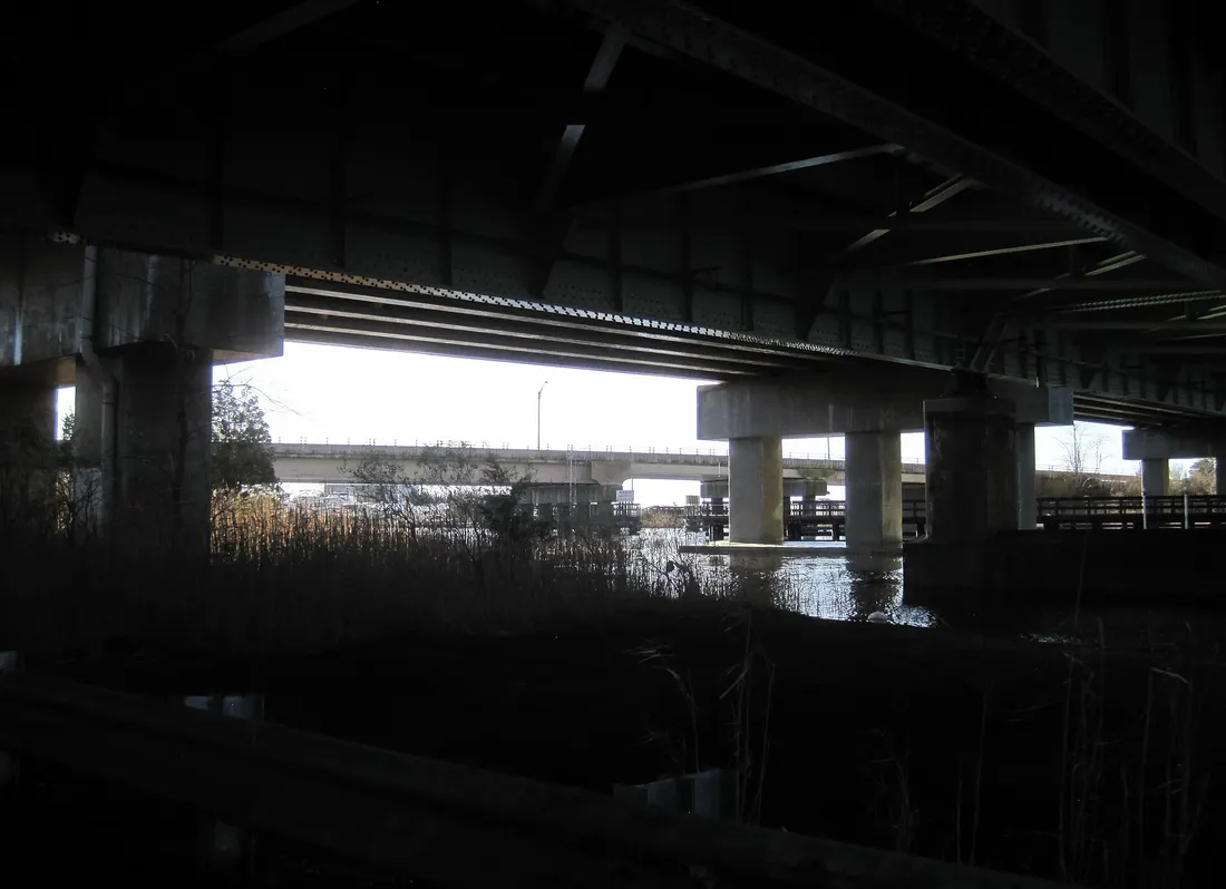 Photo of the bridges carrying the Garden State Parkway and U.S. Route 9 over the Bass River in Bass River Township, New Jersey. The underside of the Parkway bridge is seen here, the bridge in the background is of the US