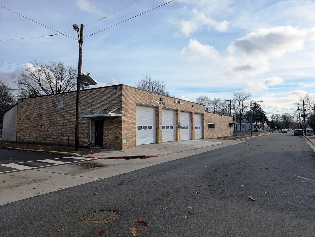 Photo of the Beverly, New Jersey Fire Company No. 1 building. Photo taken from the intersection of Laurel Street and Oak Street looking southeast.