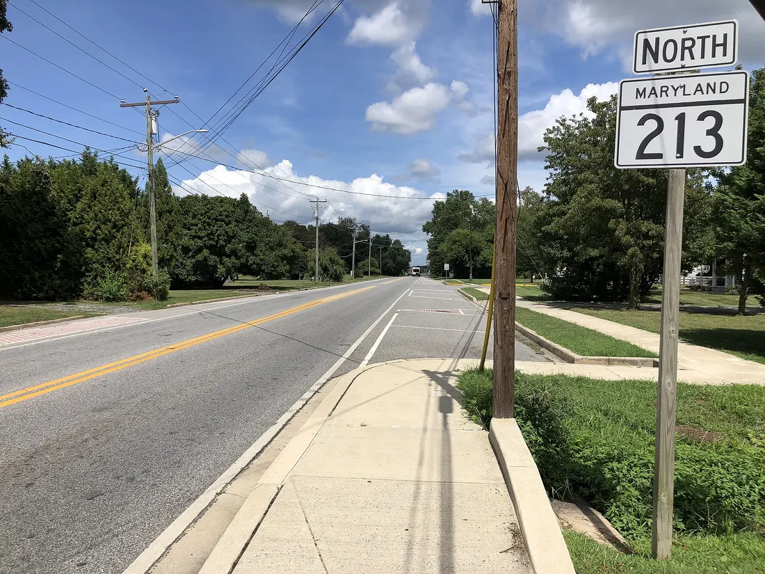 View north along Maryland State Route 213 (Bohemia Avenue) just north of Maryland State Route 282 (Main Street) in Cecilton, Cecil County, Maryland