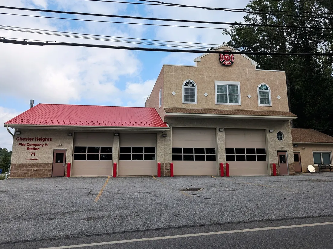Photo of the Chester Heights Fire Company No. 1, Station 71 in Chester Heights, Pennsylvania. Photo taken from Llewelyn Road looking north.
