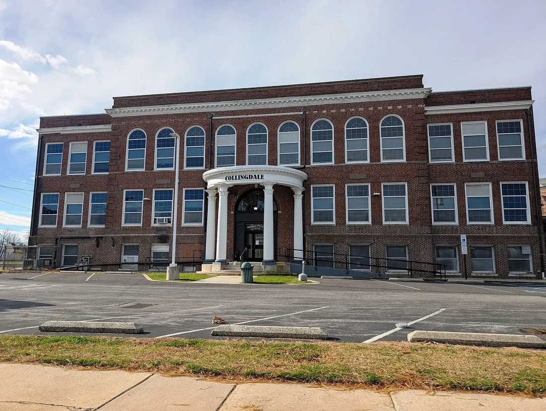 Photo of part of the Collingdale Community Center, specifically the entrance to the District Court, in Collingdale, Pennsylvania. Photo taken from Clifton Avenue looking west-southwest.