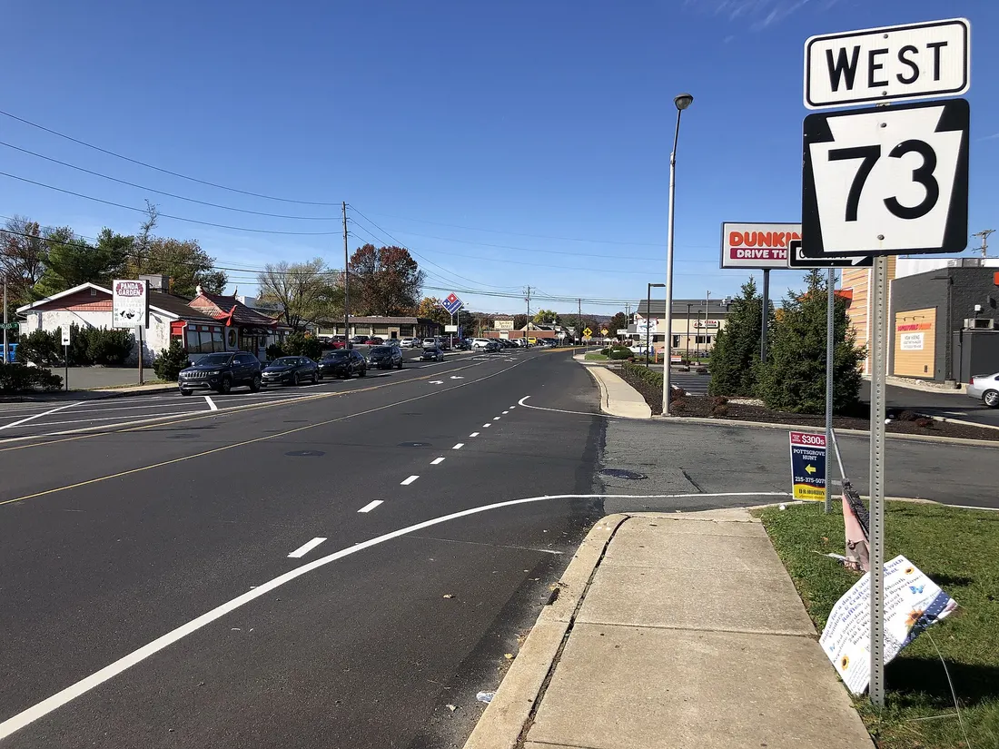 View west along Pennsylvania State Route 73 (Philadelphia Avenue) at Douglass Street in Douglass Township, Montgomery County, Pennsylvania