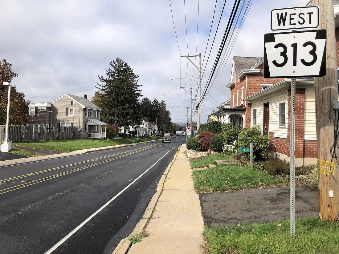 View west along Pennsylvania State Route 313 (Main Street) just west of Mill Street in Dublin, Bucks County, Pennsylvania