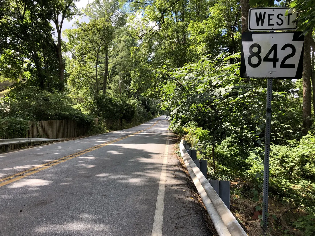 View west along Pennsylvania State Route 842 (West Miner Street) just west of Bradford Avenue in East Bradford Township, Chester County, Pennsylvania