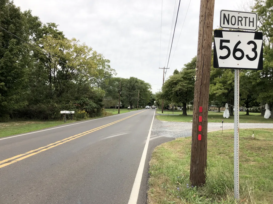View north along Pennsylvania State Route 563 (Ridge Road) just north of Schwenkmill Road in East Rockhill Township, Bucks County, Pennsylvania