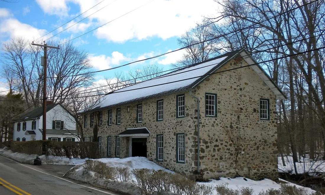 Waterloo Mills (building closest to Creek) in Waterloo Mills Historic District on NRHP since July 21, 1995. Buildings at 815, 840, 855, and 860 Waterloo Road, are in the HD, I believe this is 815. In Easttown Township,