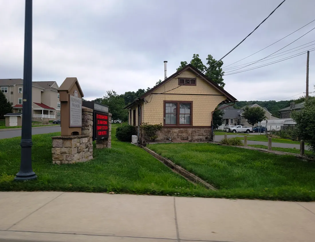 Photo of the former Springfield Station along the Wilmington and Northern Railroad in Elverson, Pennsylvania. Photo taken from Pennsylvania Route 23 (East Main Street) at Brewery Drive looking north.