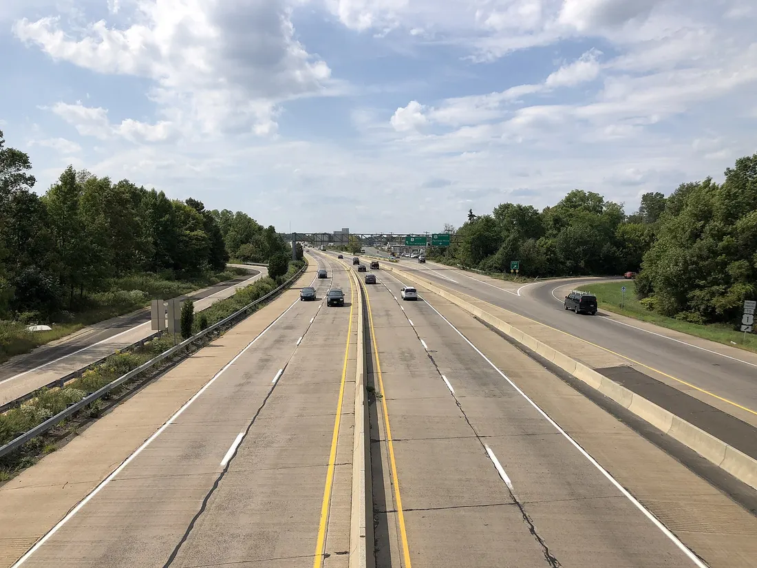 View south along U.S. Route 1 (Martin Luther King, Junior Expressway) from the overpass for U.S. Route 13 in Falls Township, Bucks County, Pennsylvania