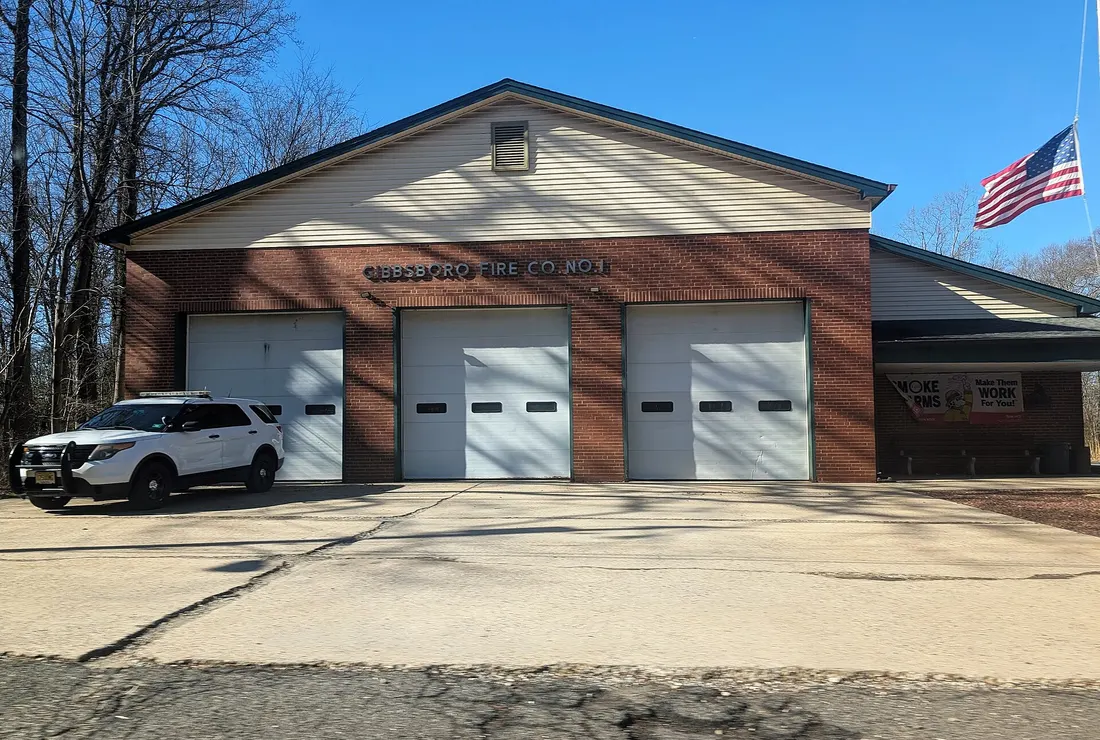 Photo of the Gibbsboro, New Jersey Fire Company No. 1 building. Photo taken from County Route 700 (Hilliards Road) looking west.