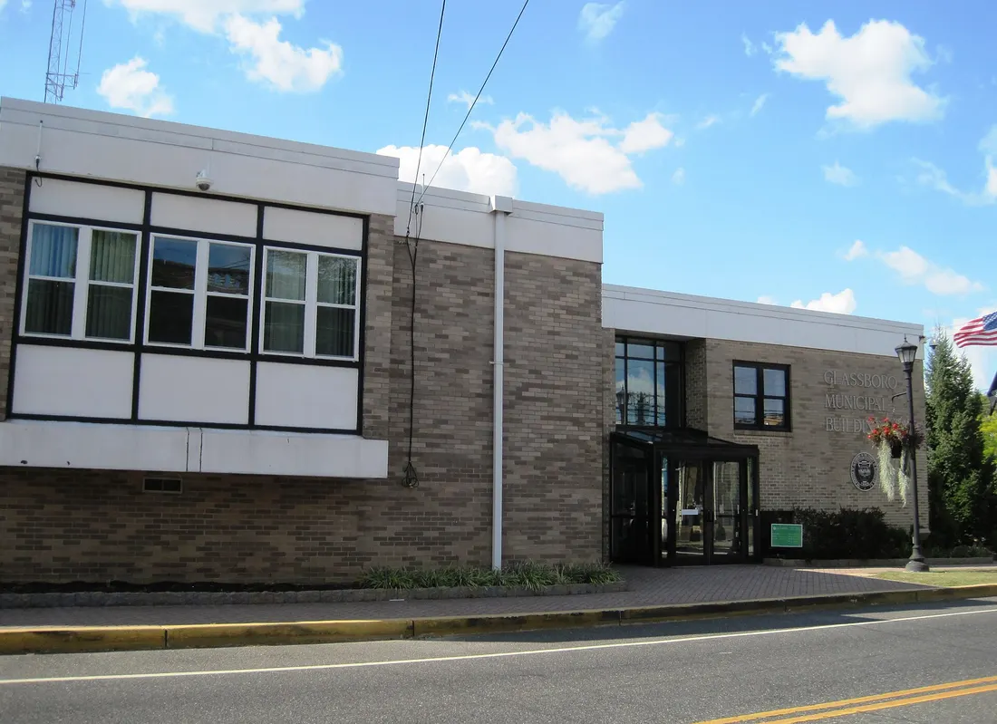 Photo of the Glassboro, New Jersey municipal building. Photo taken from County Route 553 (South Main Street) looking west-northwest.