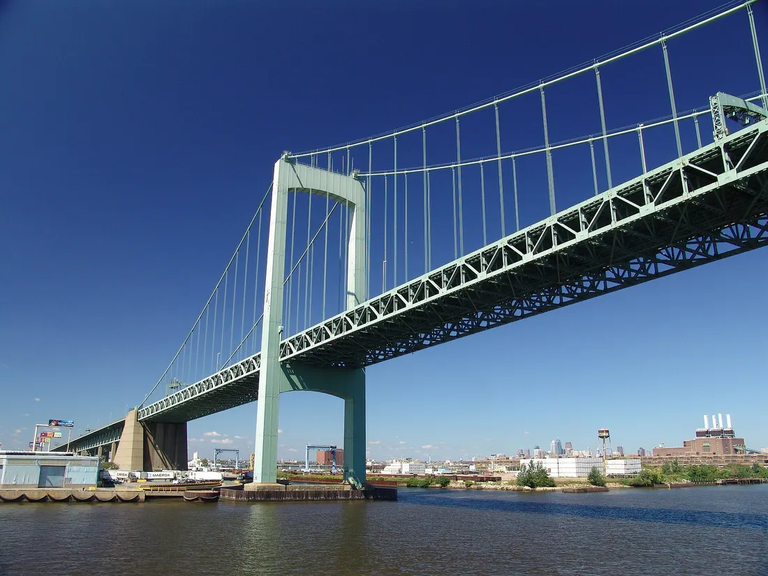 The Walt Whitman Bridge spans the Delaware River from Philadelphia to Gloucester City, New Jersey